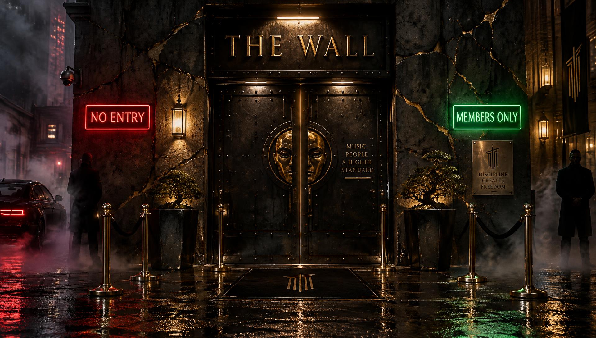 Nighttime entrance to THE WALL with red NO ENTRY and green MEMBERS ONLY neon signs
